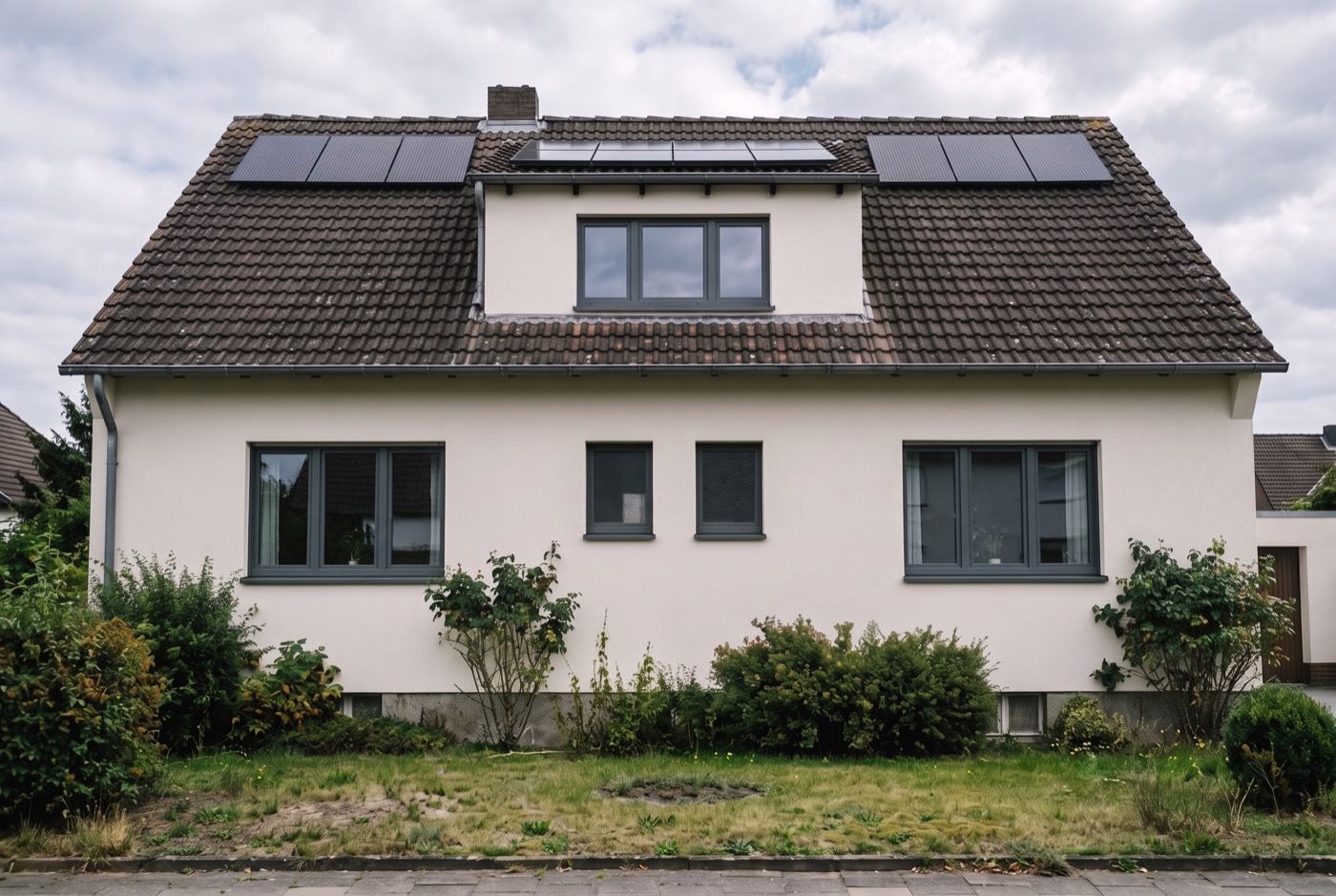 Beispielhafte Ansicht eines energetisch modernisierten Einfamilienhauses