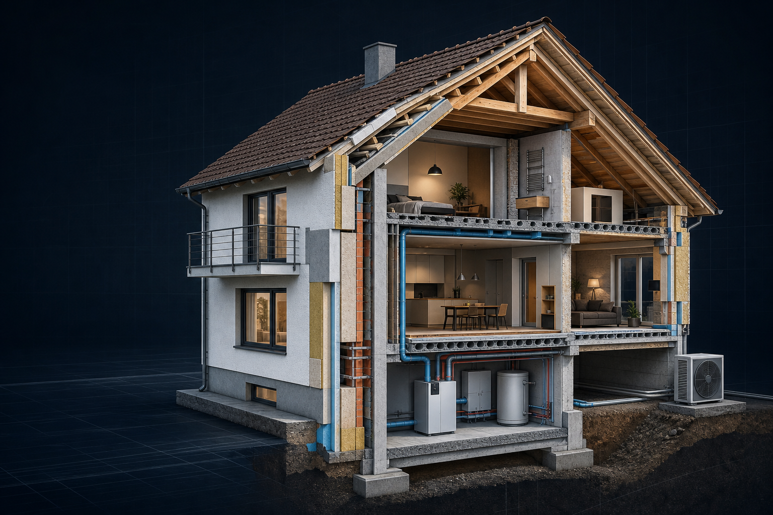 Architektonische Schnittdarstellung eines ganzheitlich sanierten Wohngebäudes